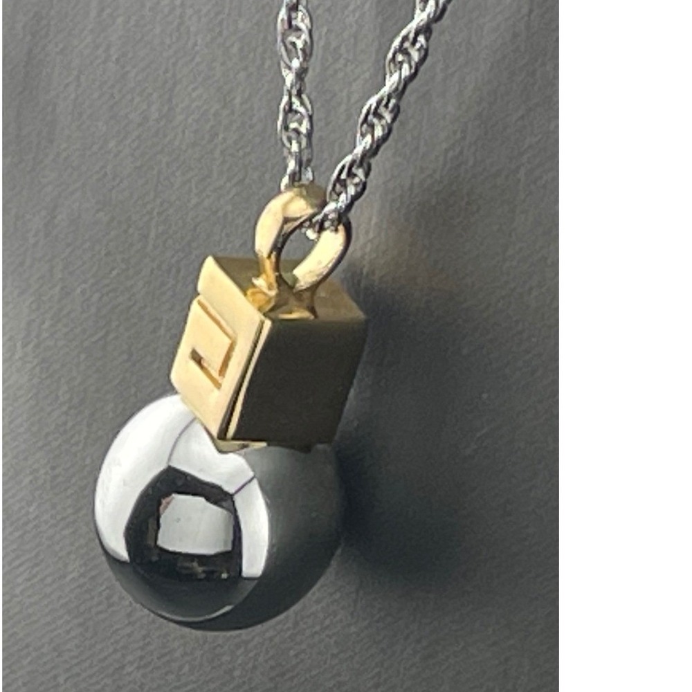 Givenchy Orb Pendant Necklace Silver Tone Gold Cube Charm Long 35" Modernist 90s
